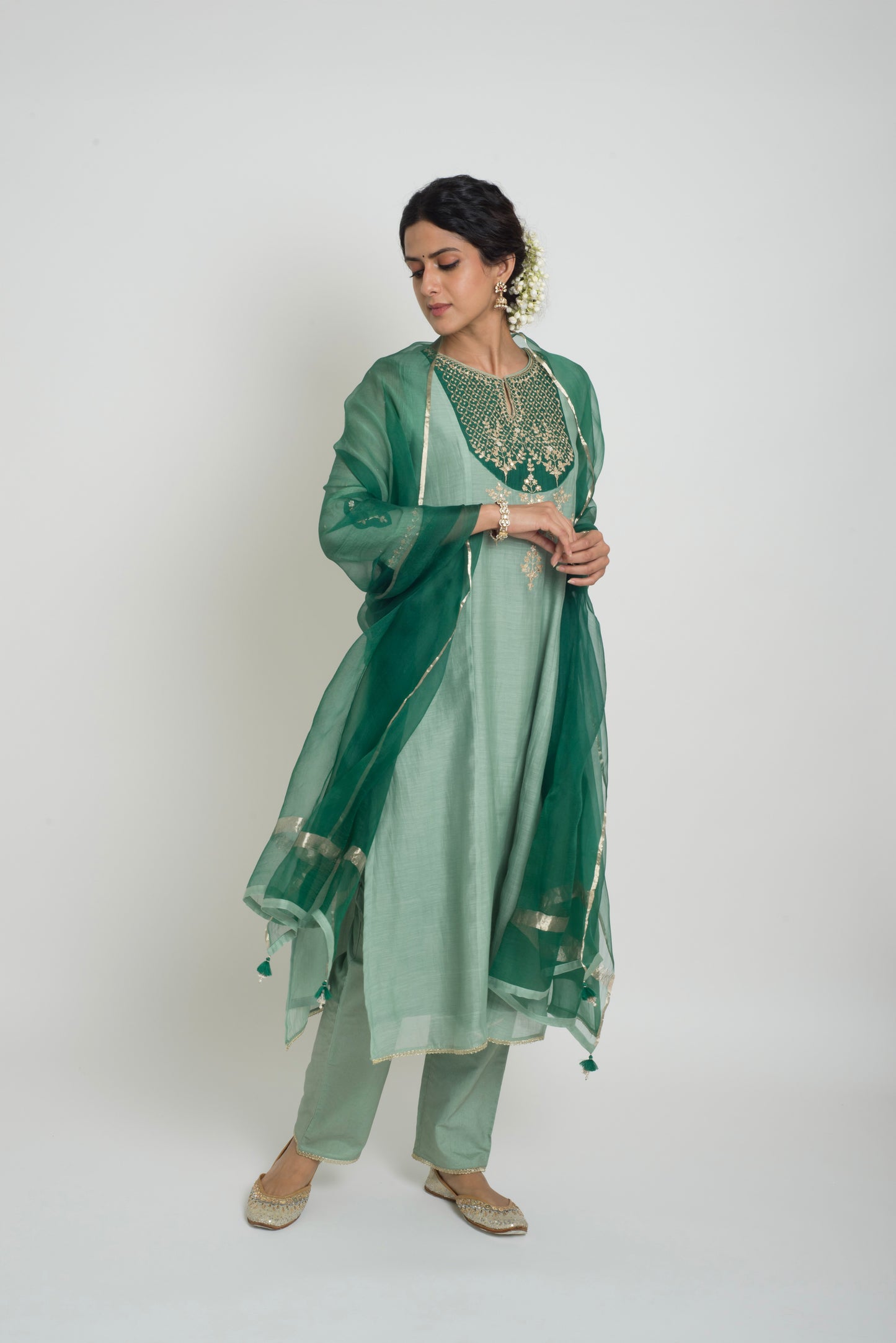 Chandni Kurta Set - Dull Blue & Green