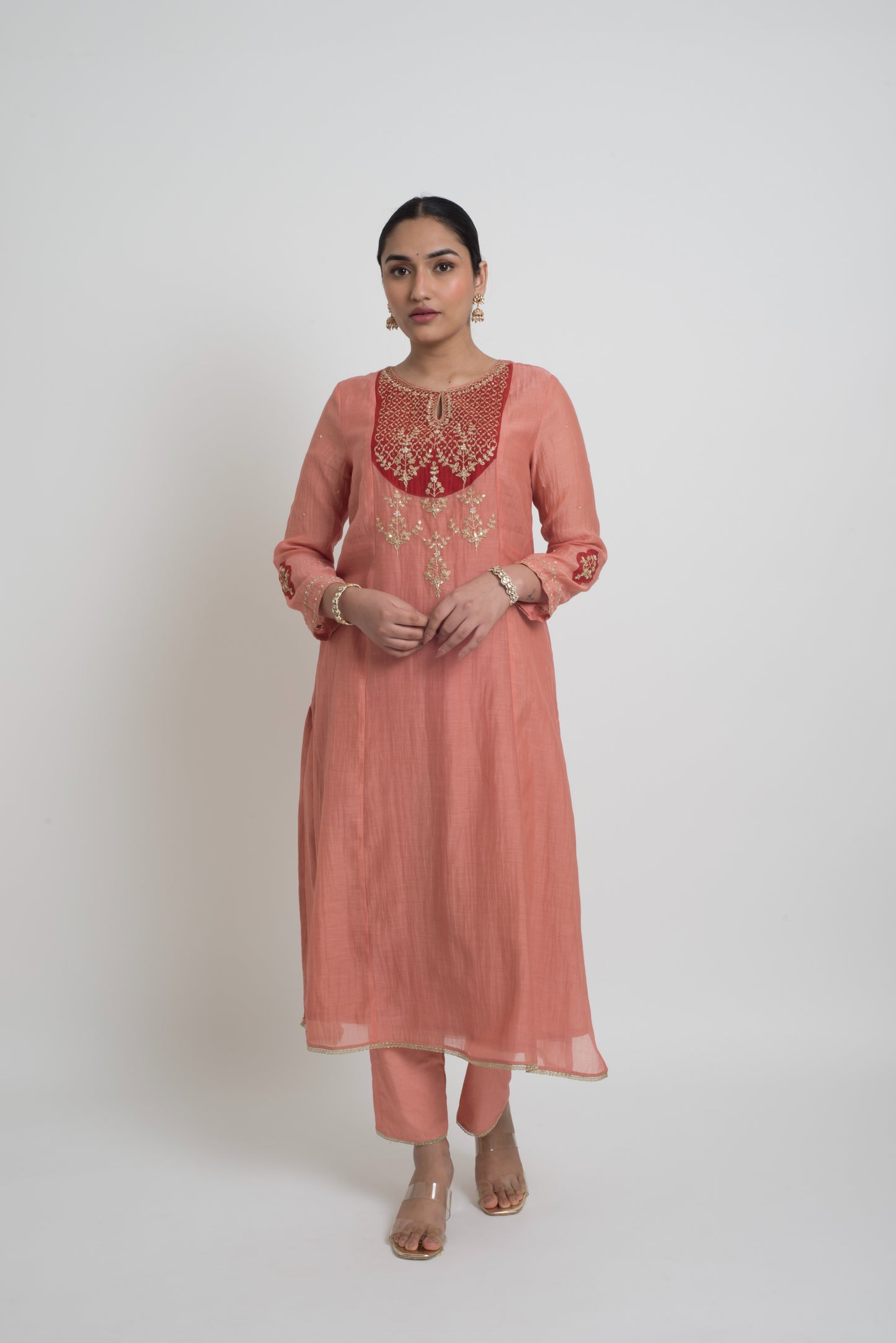 Chandni Kurta Set - Peach & Red