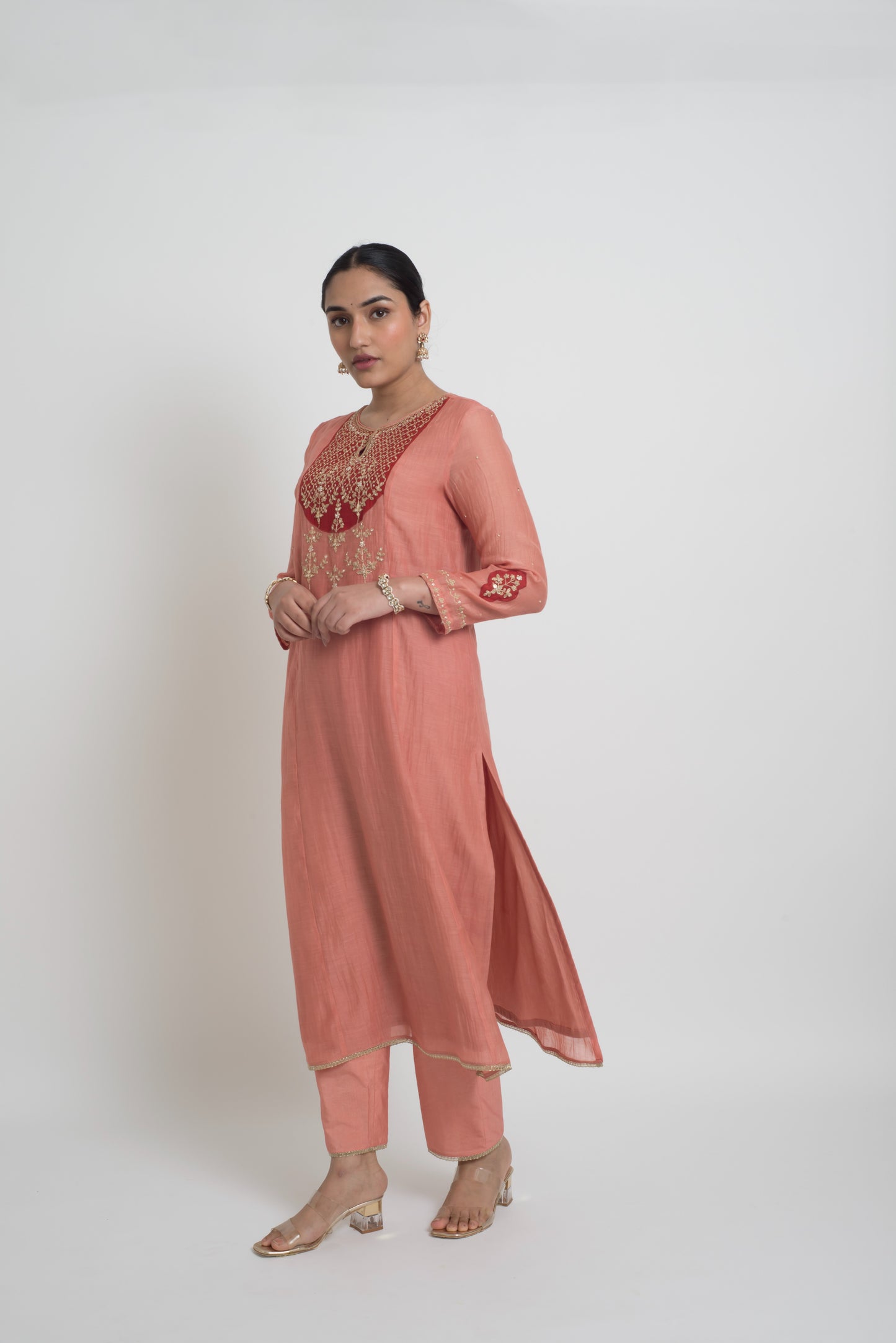 Chandni Kurta Set - Peach & Red