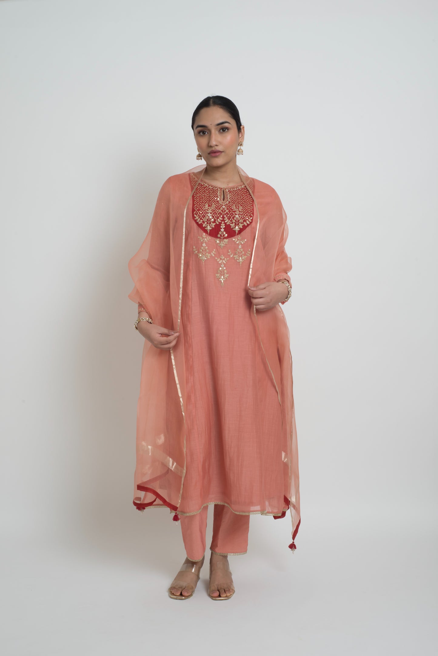 Chandni Kurta Set - Peach & Red