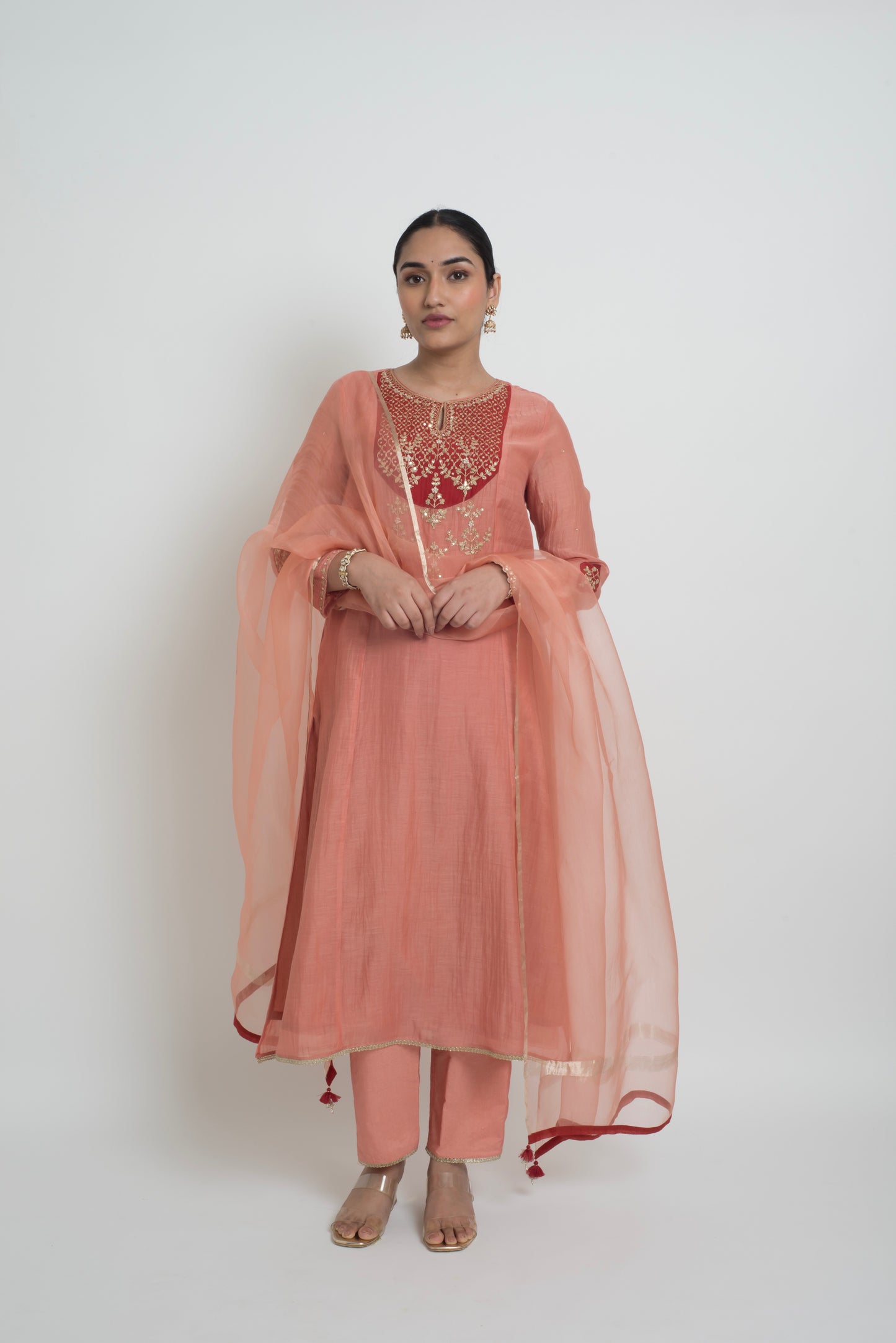 Chandni Kurta Set - Peach & Red