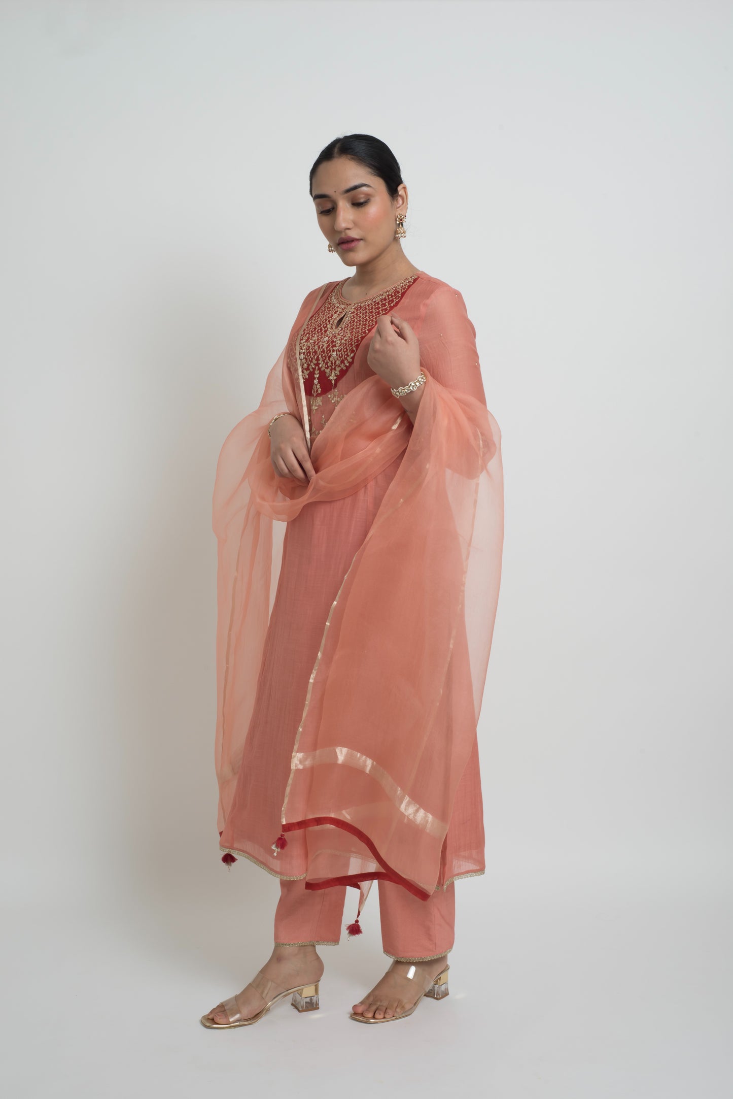 Chandni Kurta Set - Peach & Red