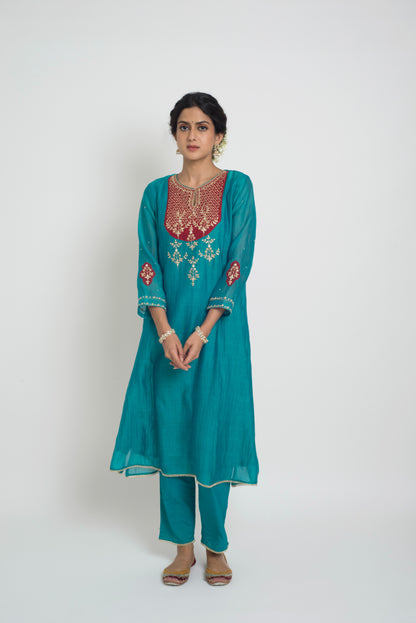 Chandni Kurta Pant Set - Peacock Blue & Red