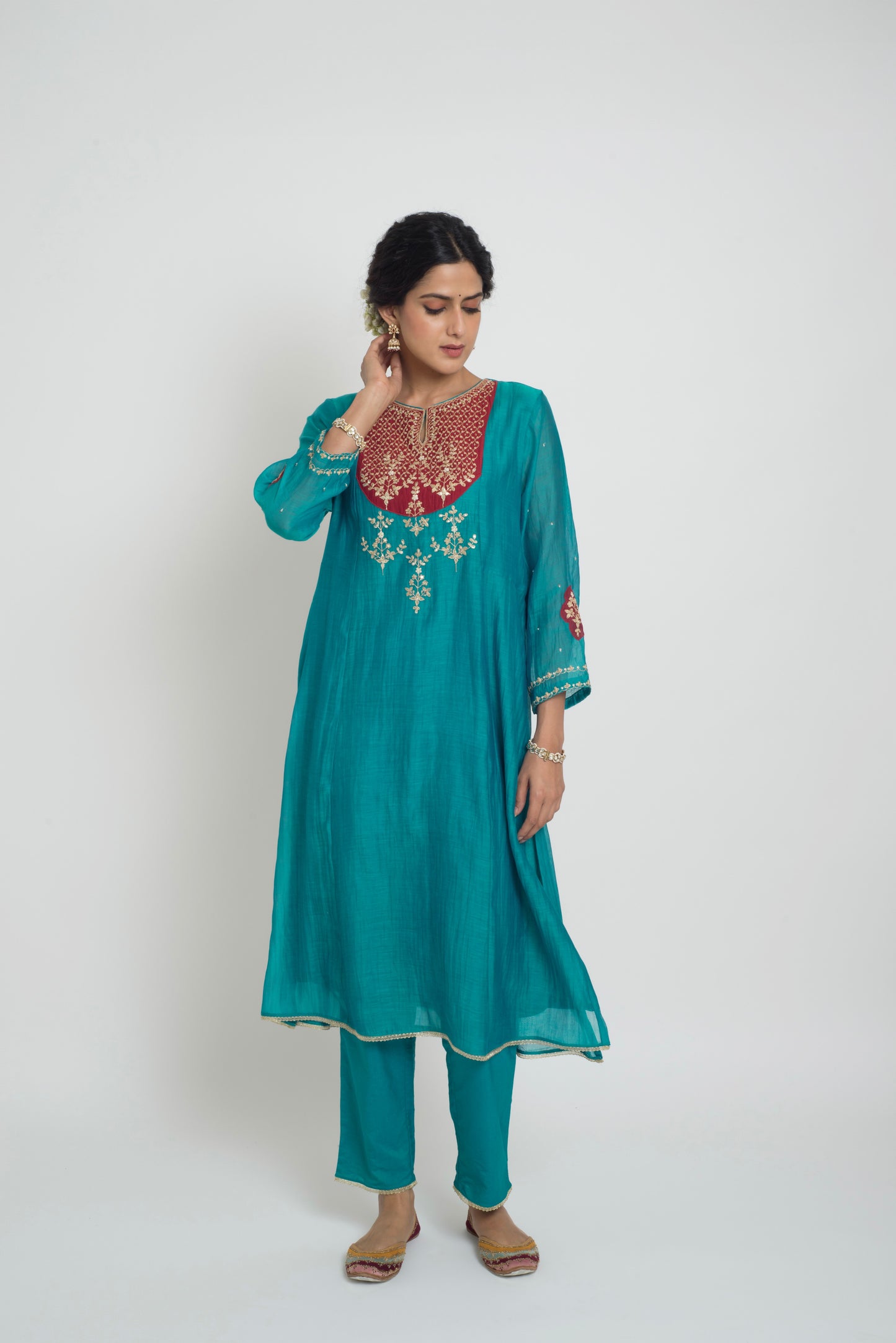 Chandni Kurta Pant Set - Peacock Blue & Red