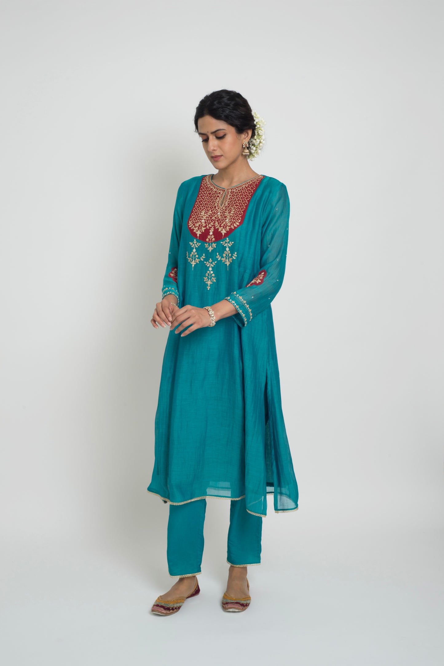 Chandni Kurta Pant Set - Peacock Blue & Red