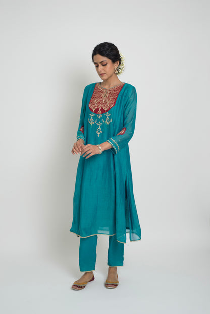 Chandni Kurta Pant Set - Peacock Blue & Red
