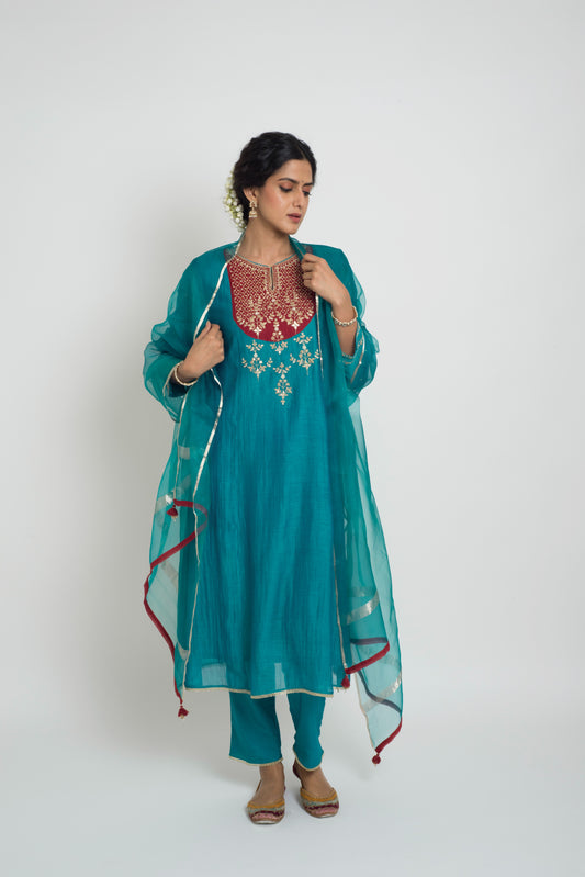 Chandni Kurta Set - Peacock Blue & Red