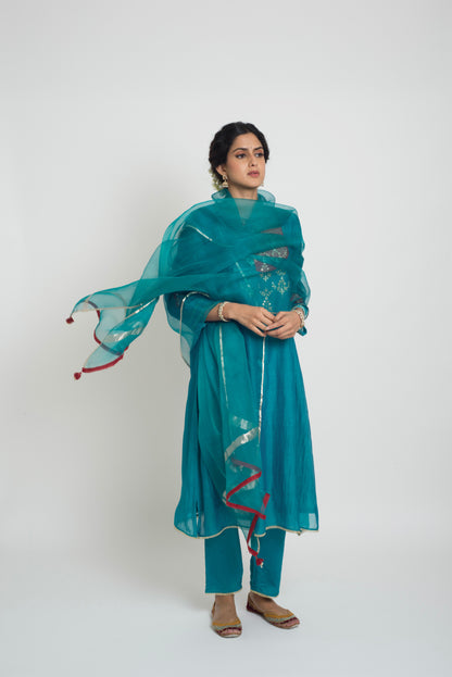 Chandni Kurta Pant Set - Peacock Blue & Red