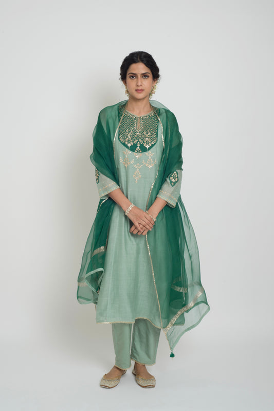 Chandni Kurta Set - Dull Blue & Green