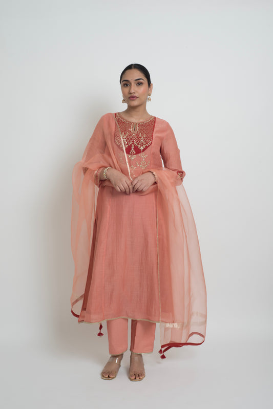 Chandni Kurta Set - Peach & Red