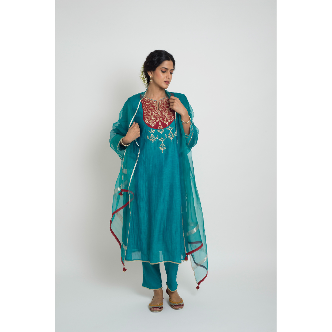 Chandni Kurta Set - Peacock Blue & Red