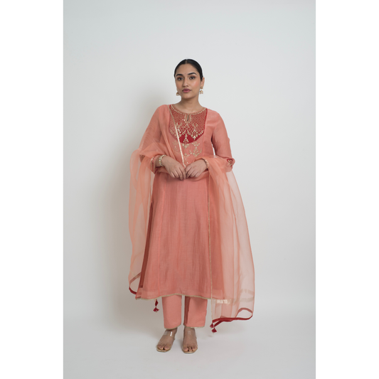 Chandni Kurta Set - Peach & Red