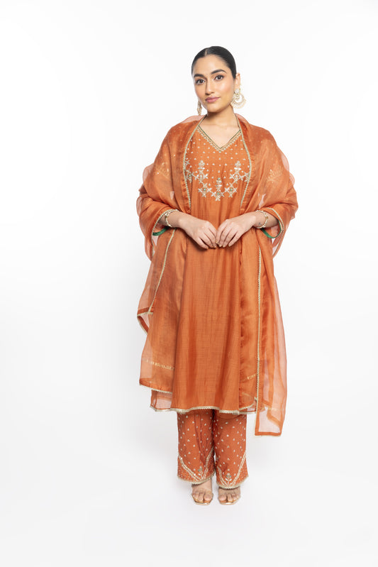Falak Kurta Set - Burnt Orange
