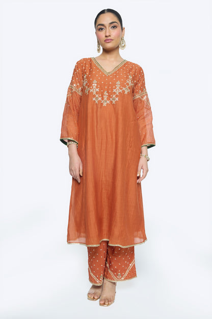 Falak Kurta Set - Burnt Orange